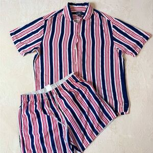 H&M Relaxed Fit Button Down Short Sleeve Shirt and Shorts Blue Red Striped M/L